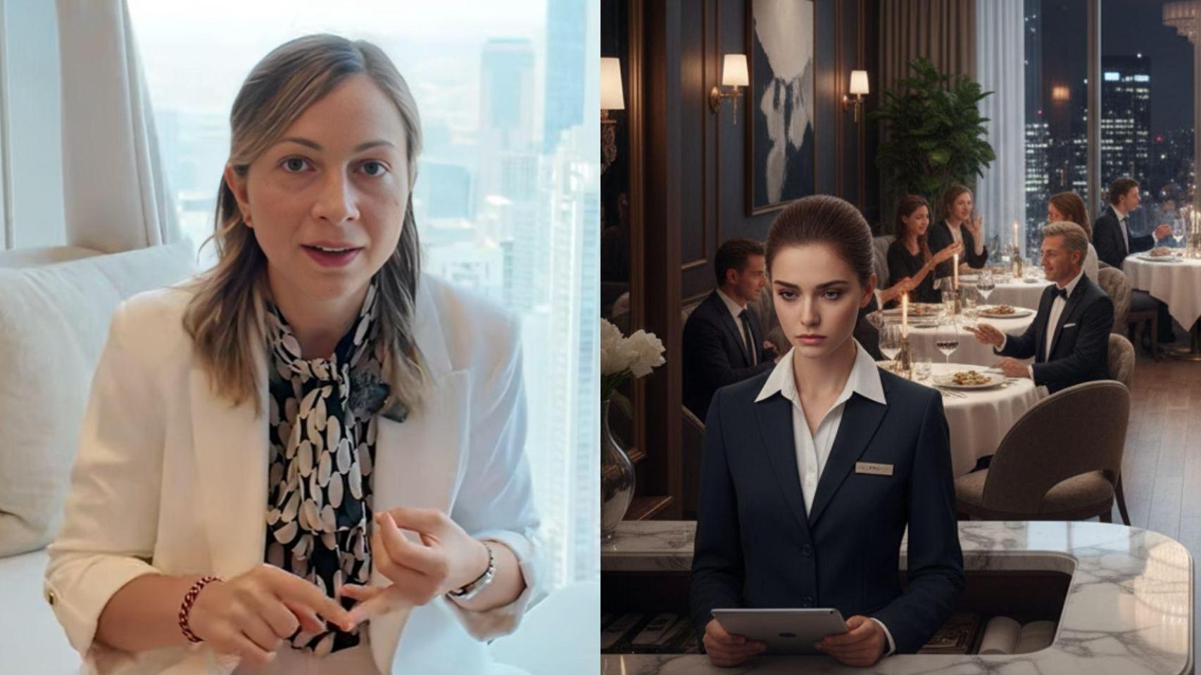 Anna y una recepcionista en un restaurante generado con IA.