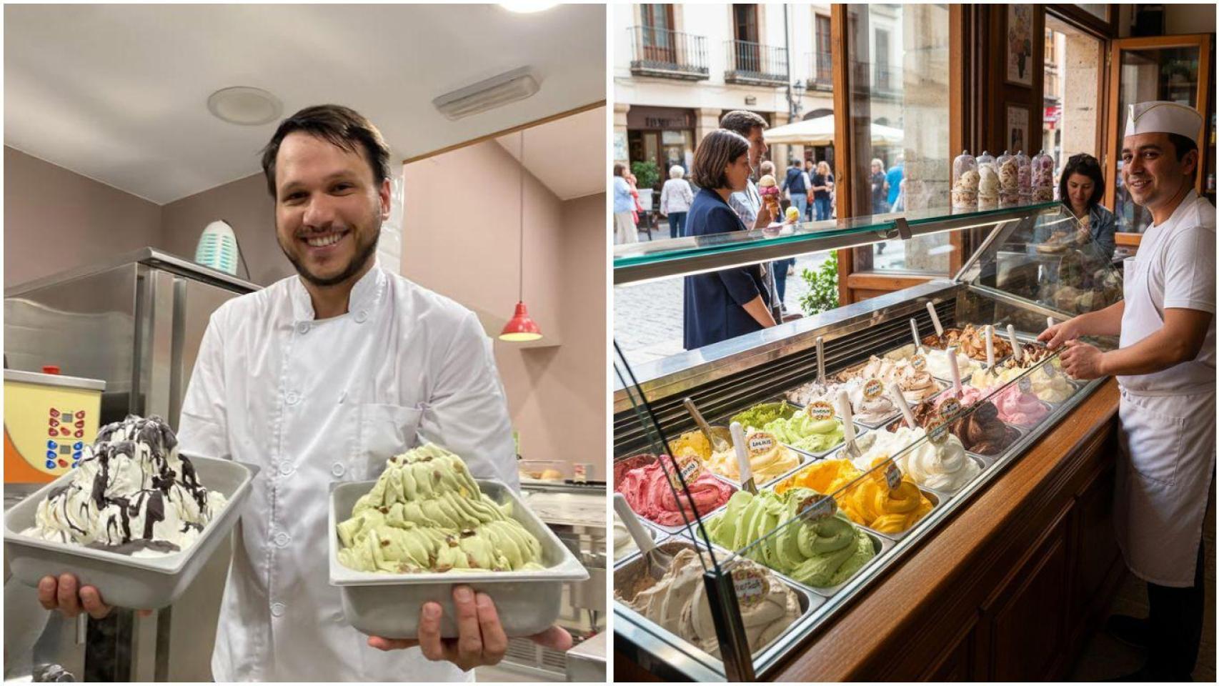 Luis, copropietario de Gelati Dini y una imagen de una heladería.