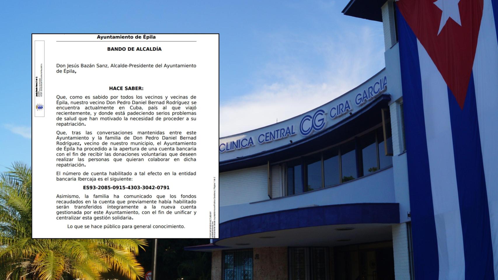 Hospital en el que se encuentra Pedro Daniel en La Habana junto al bando del Ayuntamiento de Épila