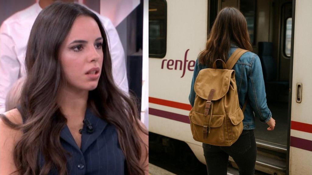 Montaje con Carla Pamies, joven estudiante, y mujer joven subiendo a un Renfe, imagen generada por IA
