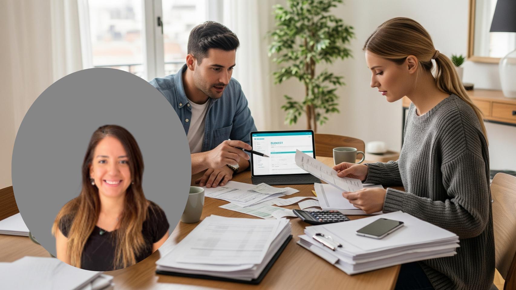 Montaje de Andrea Morales con una pareja organizando sus finanzas en una imagen creada con IA.