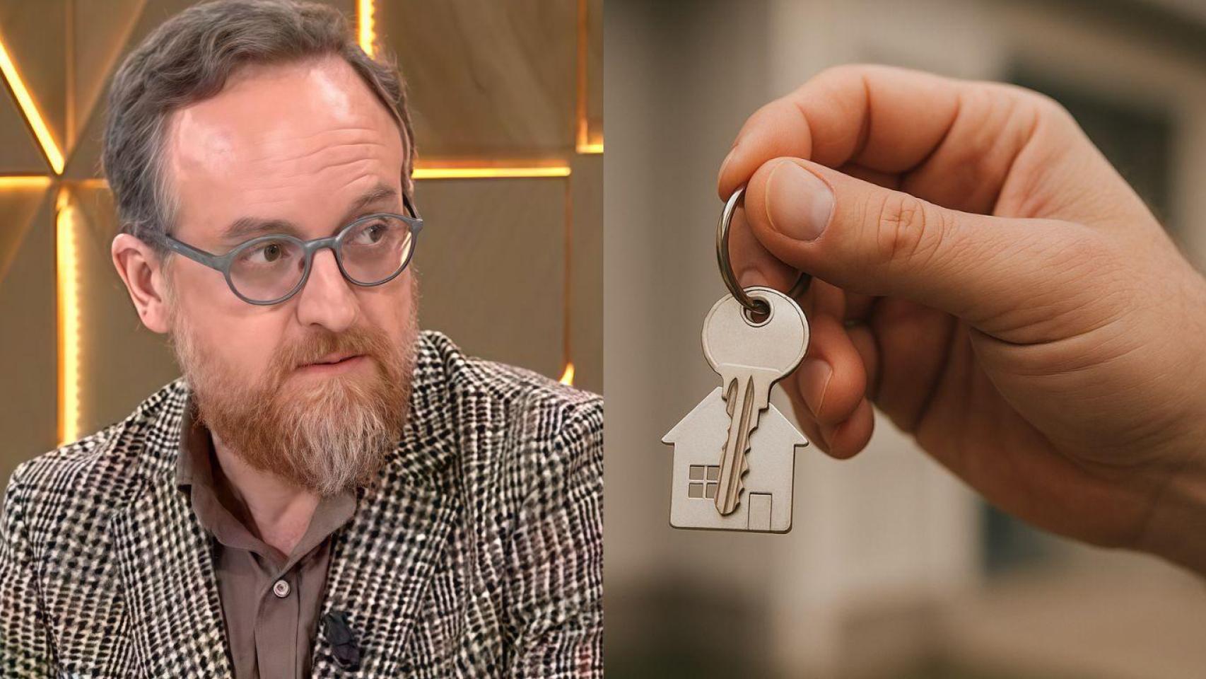 Montaje con Jon Goitia, arquitecto propietario de 15 pisos y una persona con una llave (imagen generada con IA).