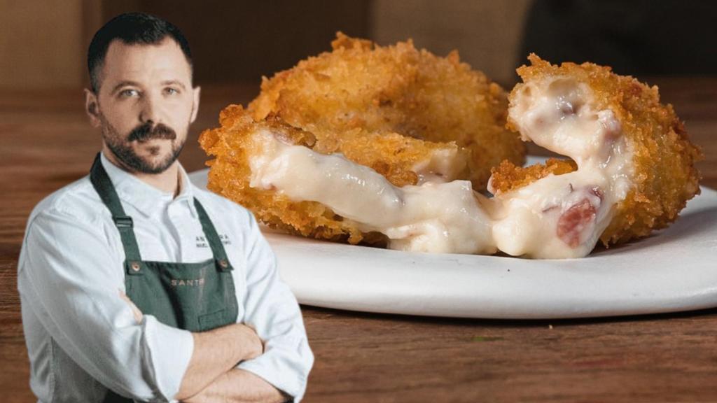Montaje del chef Miguel Carretero con una imagen de su premiada croqueta.