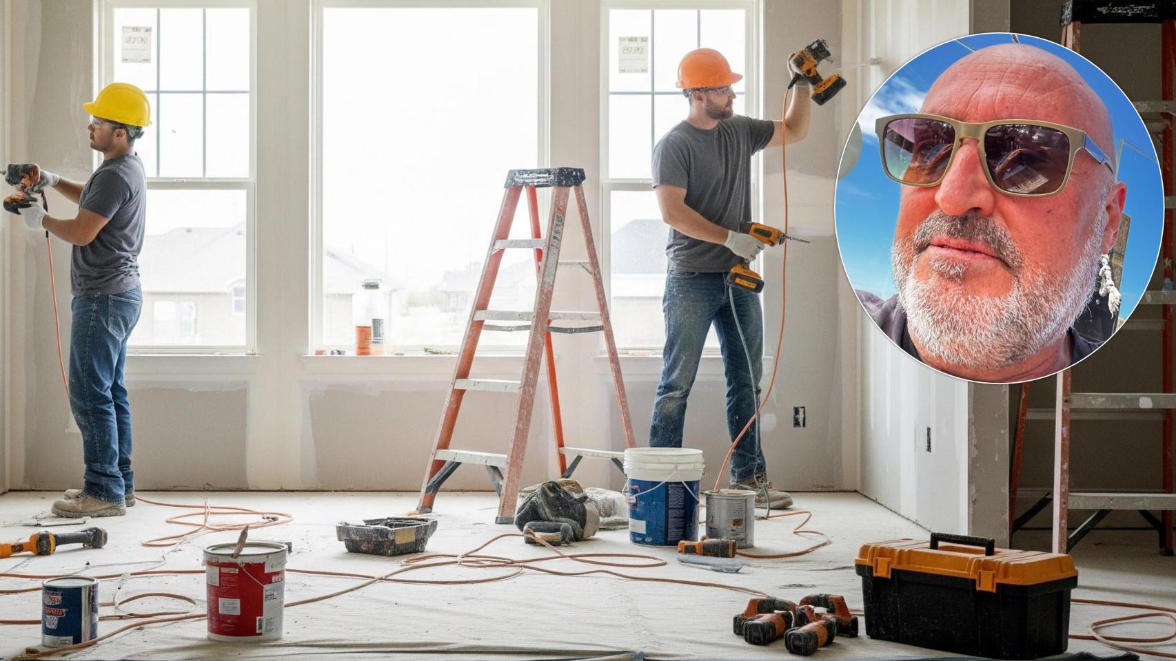 Unos obreros de construcción en una imagen generada con IA y Ramón Lara, empresario