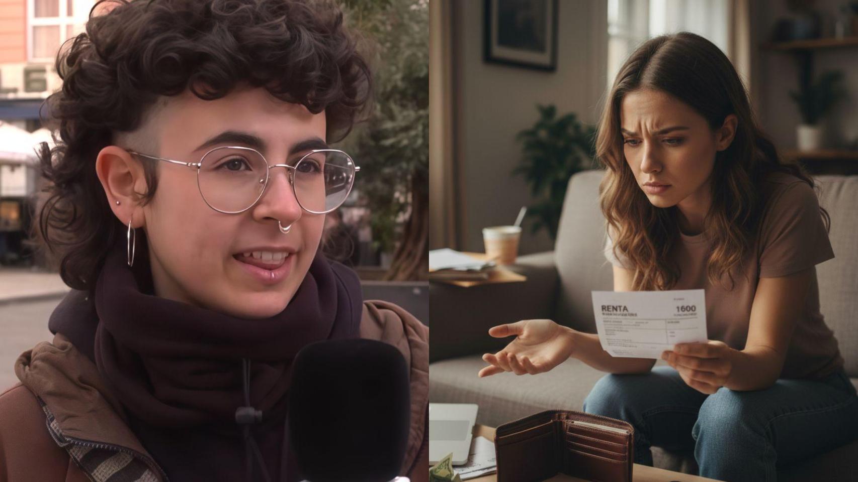 La joven entrevistada y una mujer preocupada por no poder pagar el alquiler. Imagen creada con IA.