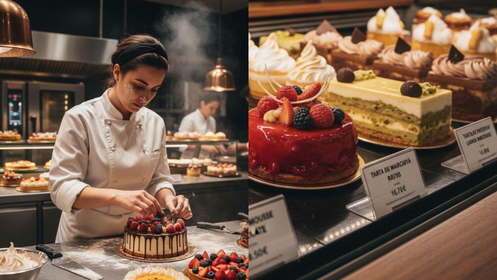 Una pastelera y unos postres generados con IA.