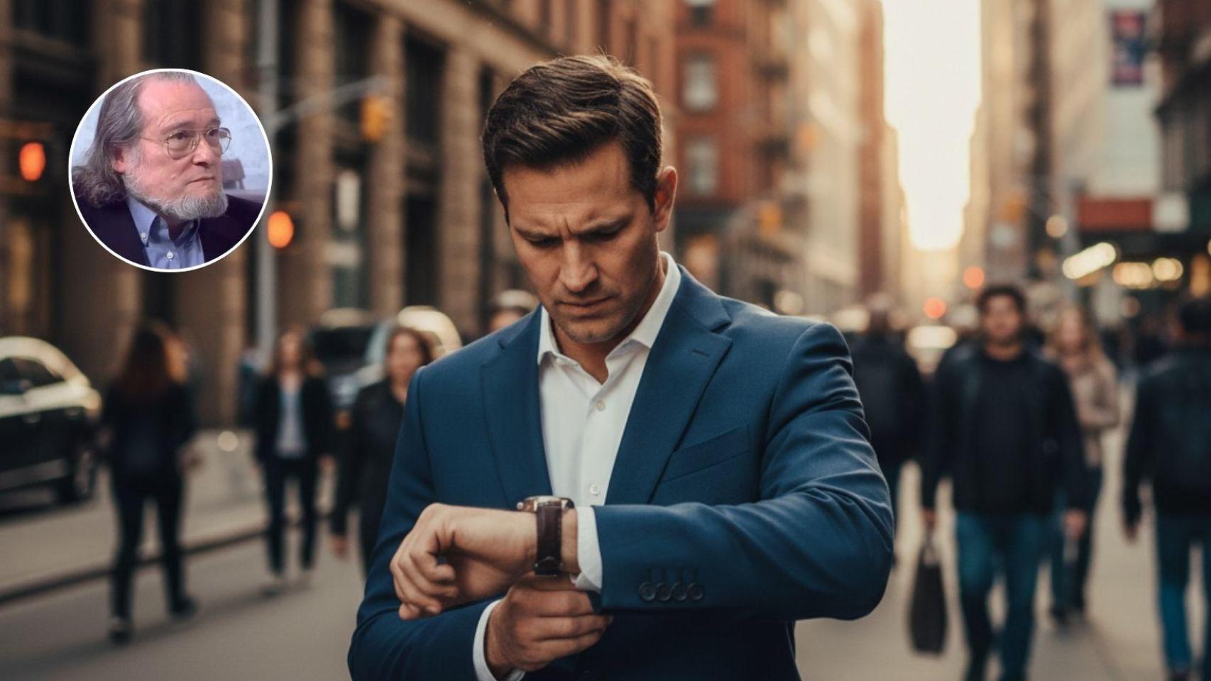 Santiago Niño Becerra y un hombre viendo un reloj creado con IA.