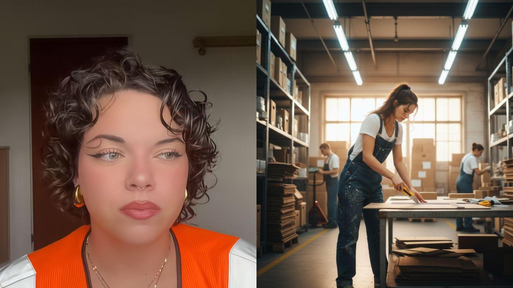 Paula Marin y una joven cortando cartones creada con IA.