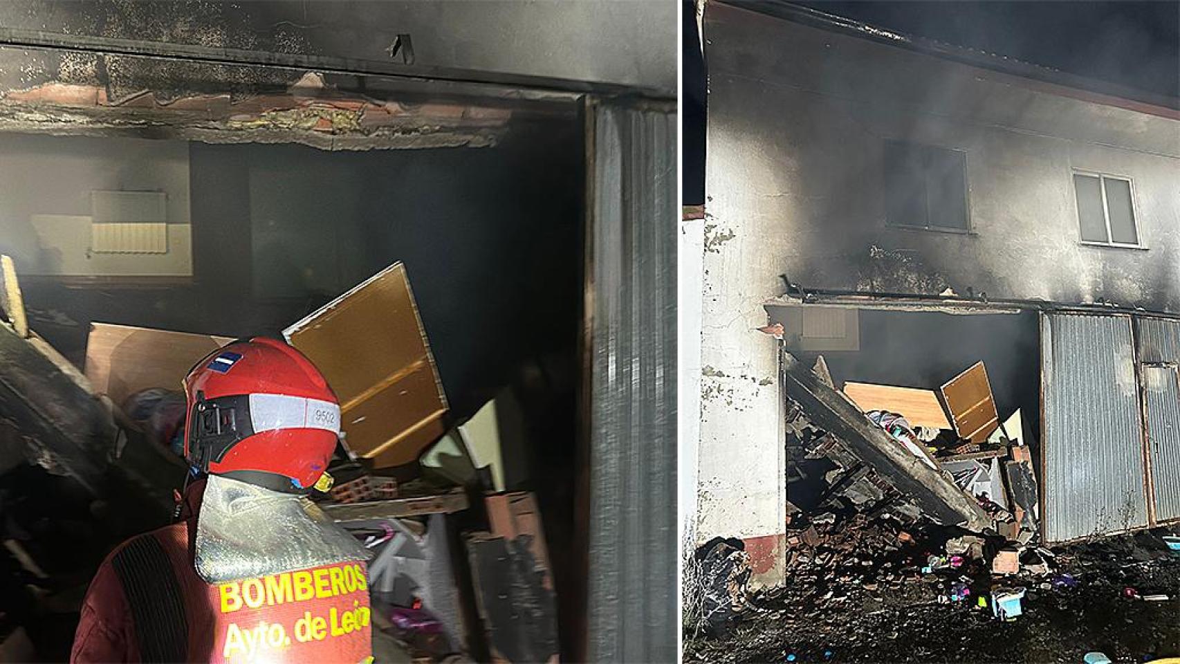 Los Bomberos del Ayuntamiento de León actuando en el incendio de una casa de Valderilla de Torío