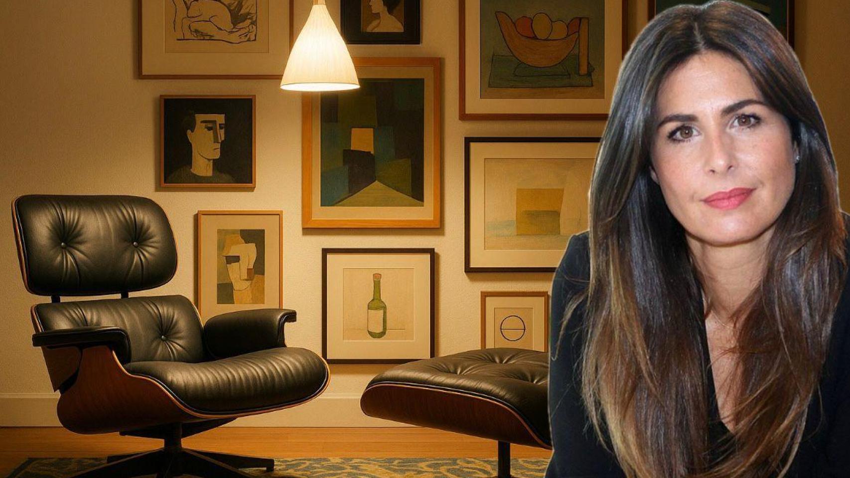 Nuria Roca y una recreación de su sala con su butaca.