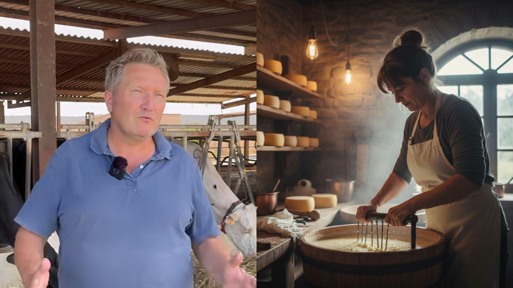 Jaume y una persona haciendo queso artesanal creada con IA.