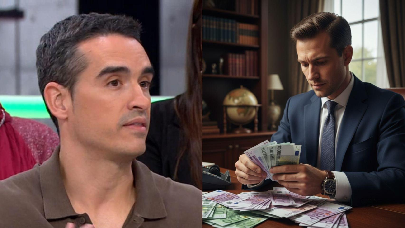 Imagen de Javier Sanz y una imagen generada por IA de un hombre contando dinero.