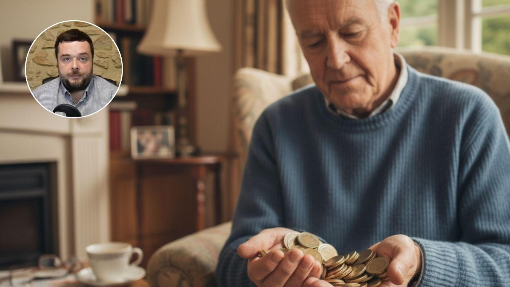 Imagen generada por IA de un jubilado y Ignacio Solsona.