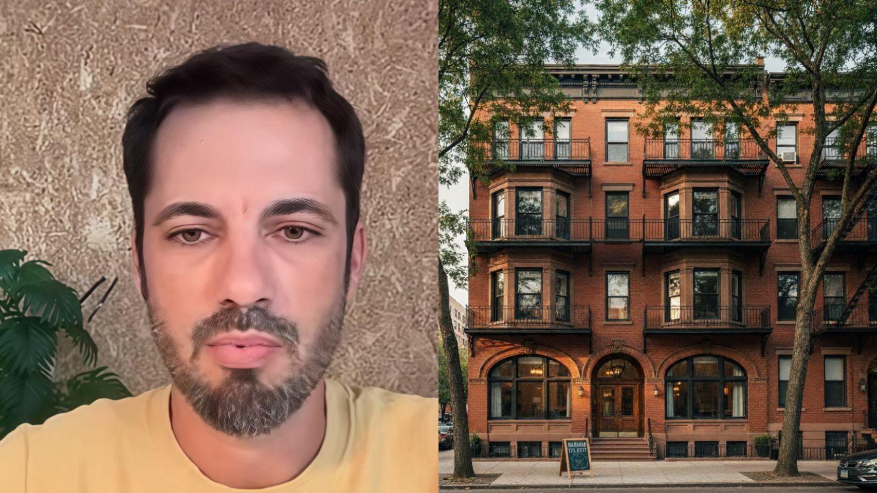 Santiago y un edificio creado con IA.