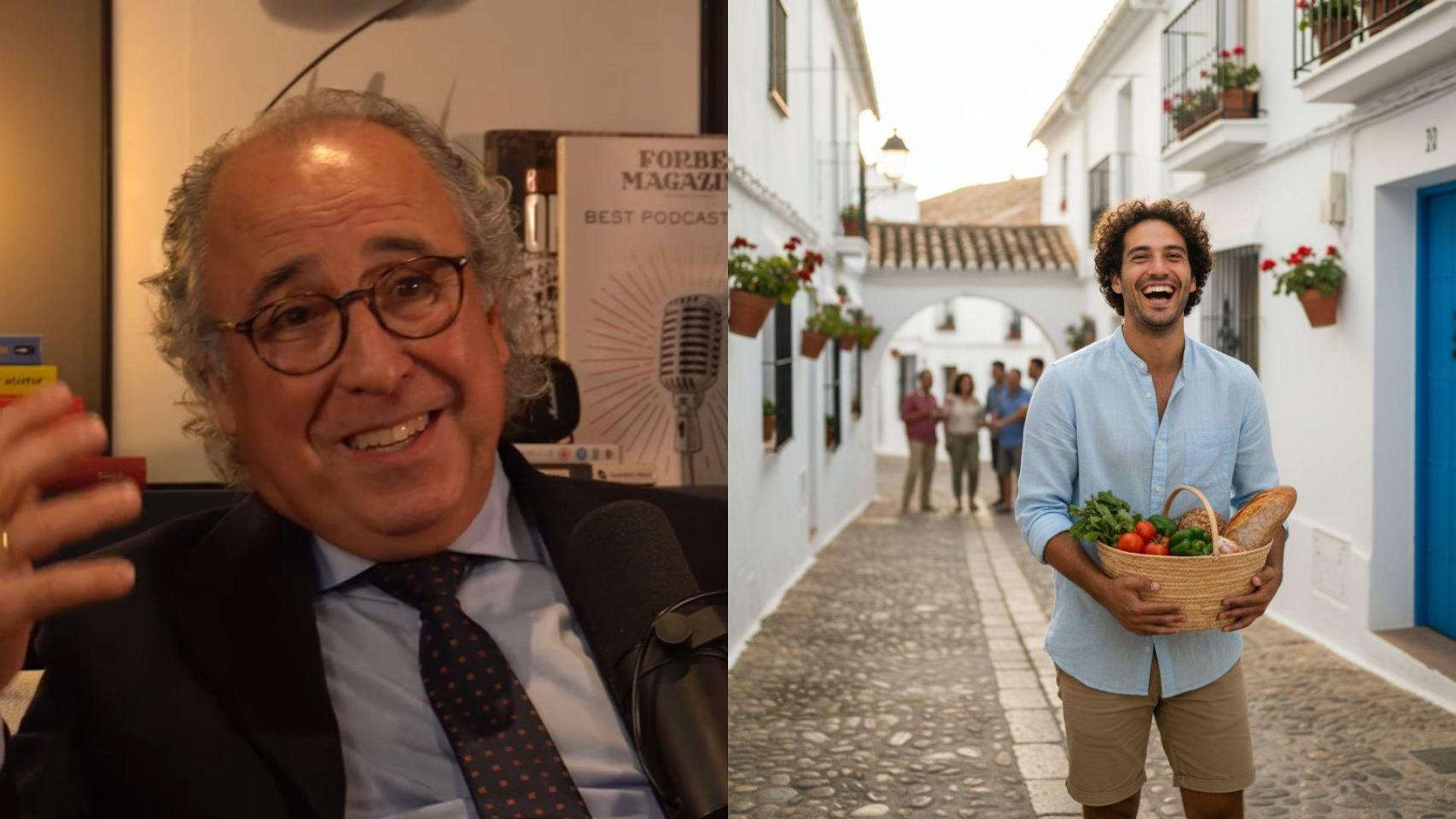 Imagen de Emilio Duró y una imagen generada por IA de un joven viviendo en un pueblo.