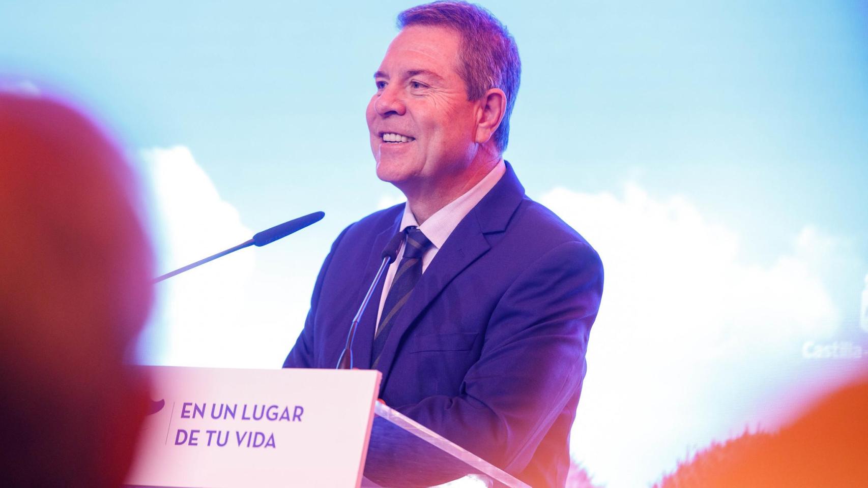 Emiliano García-Page durante un foro de turismo celebrado esta mañana en Toledo.