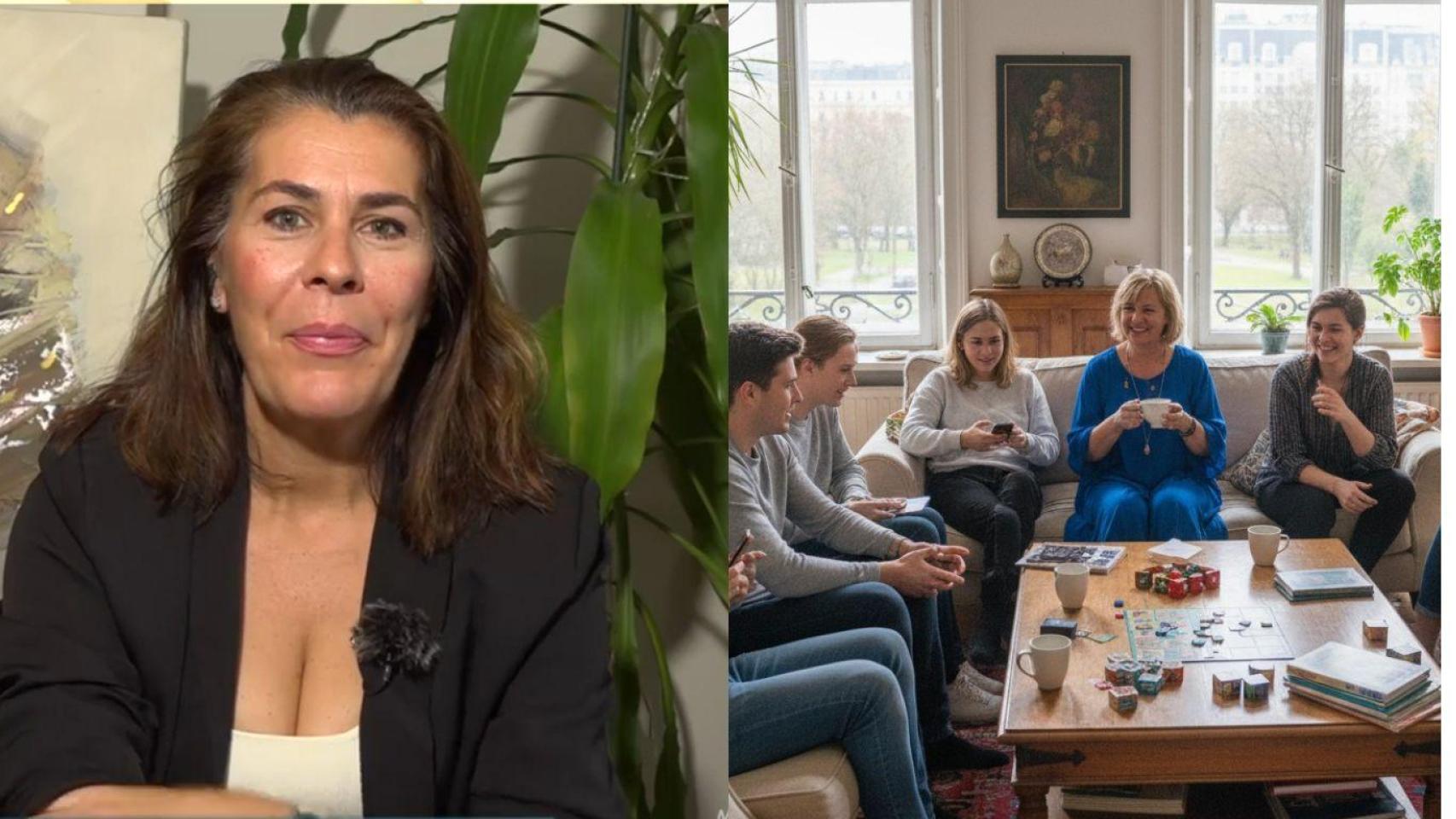 Fotomontaje de Carmen y una imagen de una mujer rodeada de jóvenes en un salón.