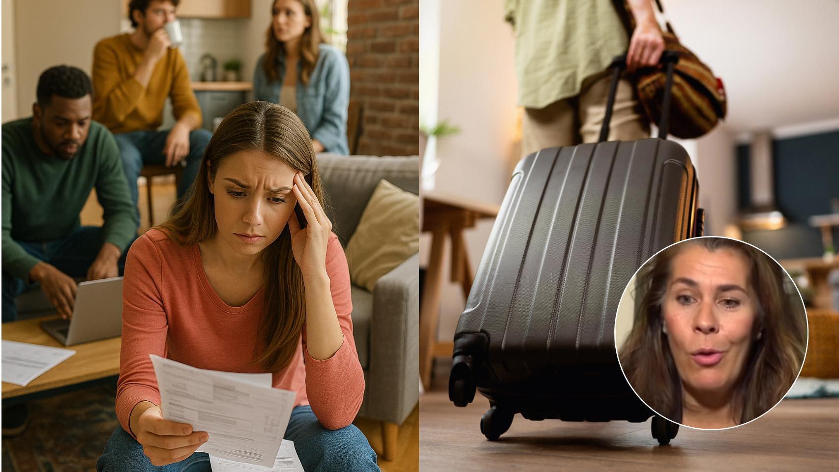 Mujer preocupada revisando facturas, una maleta y Carmen.