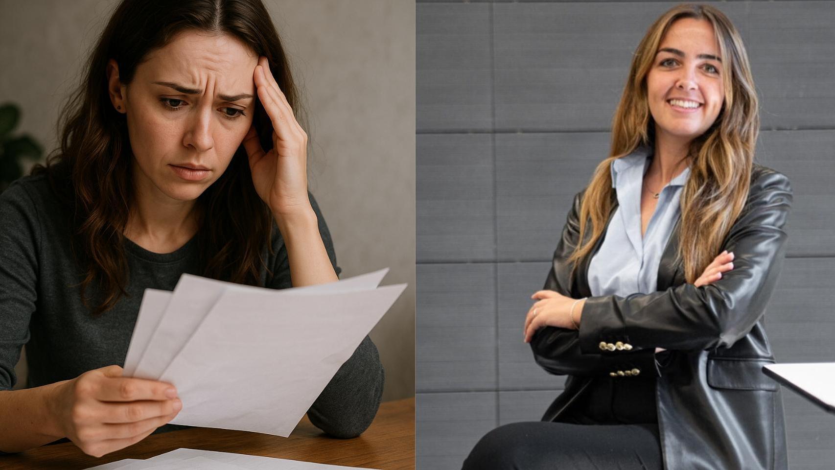 Una mujer preocupada revisando papeles y la abogada Nerea Martos.