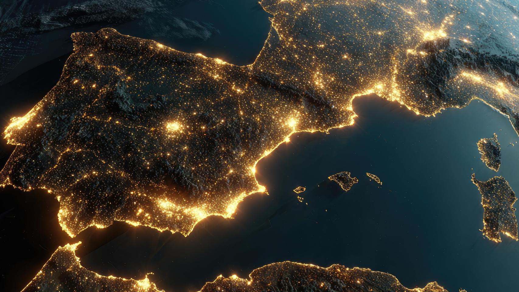 Imagen de España iluminada de noche.