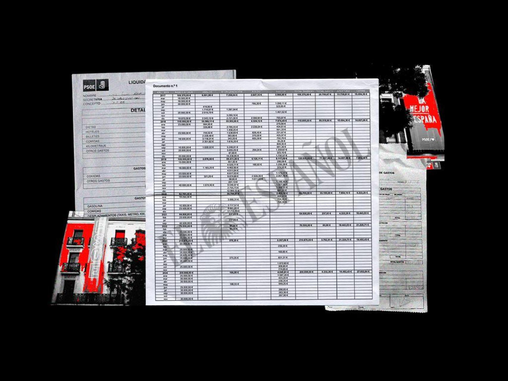 Los balances de la caja de efectivo del PSOE y los documentos inéditos publicados por EL ESPAÑOL en un fotomontaje.