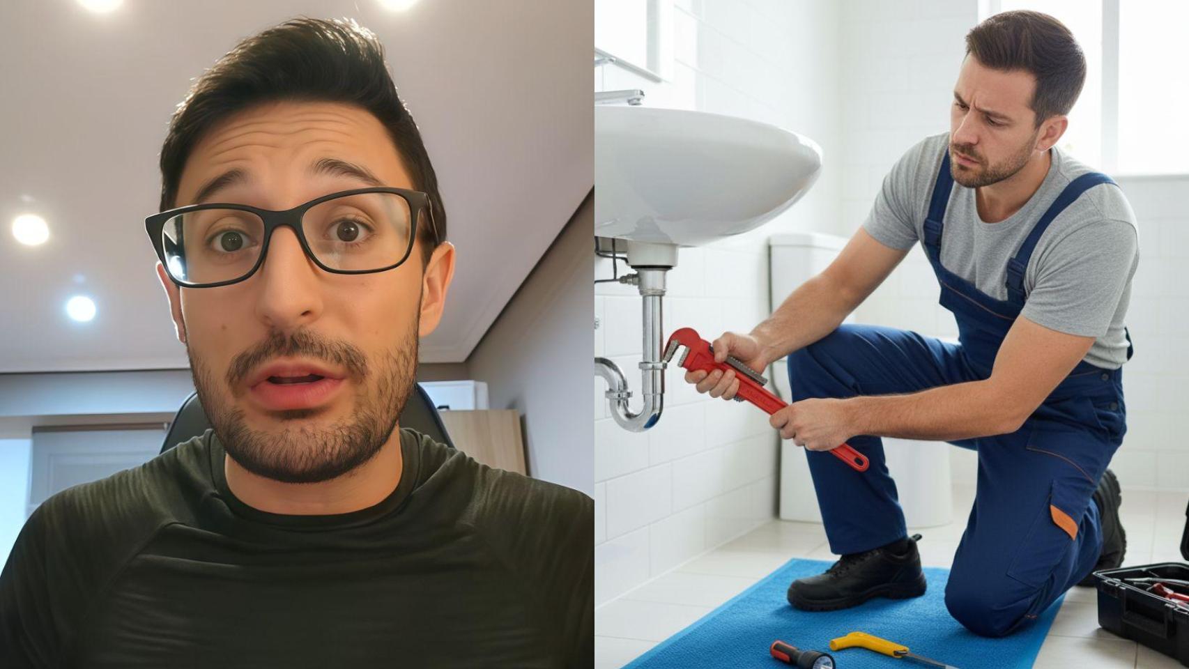 Emanuel y la imagen de un fontanero creado con IA.