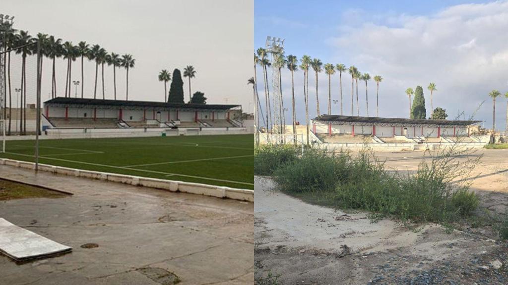 El antes y después del campo del Algemesí en el aniversario de la dana.