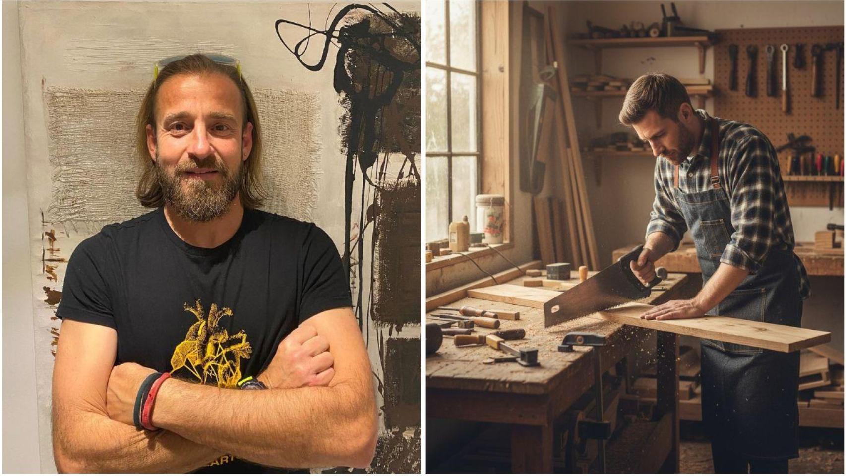 Carlos Sancho y una imagen de un carpintero cortando madera.