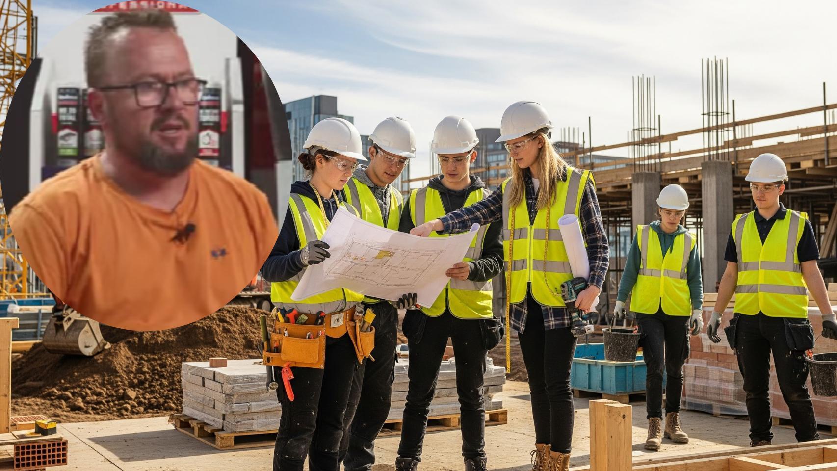 Montaje de Eduardo Roldán con jóvenes en la obra en una imagen creada con IA.