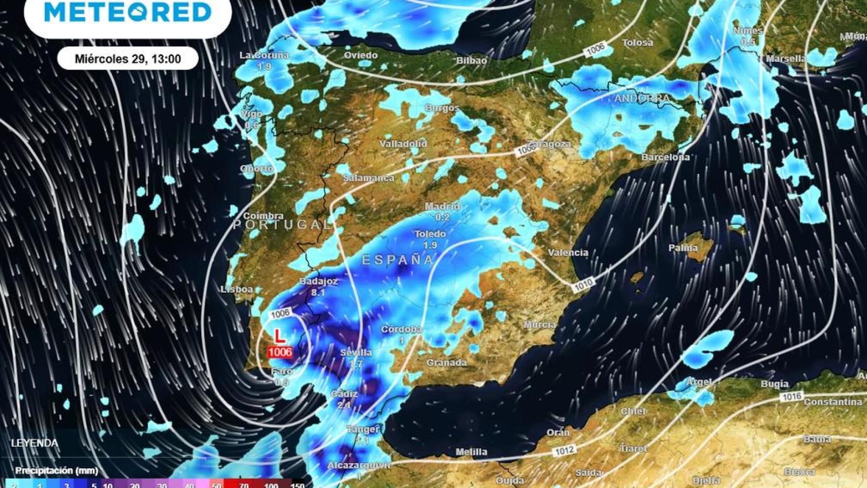 La situación de la borrasca en España (Meteored)