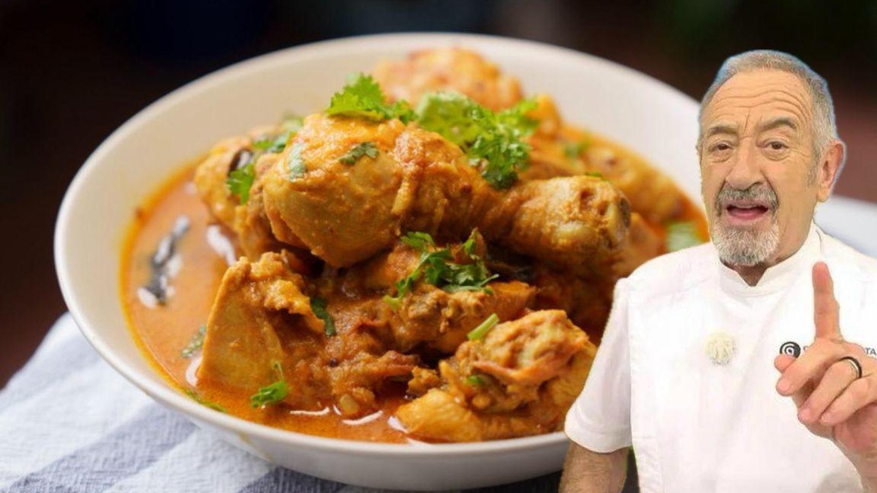 El chef Karlos Arguiñano junto a un plato de pollo guisado.