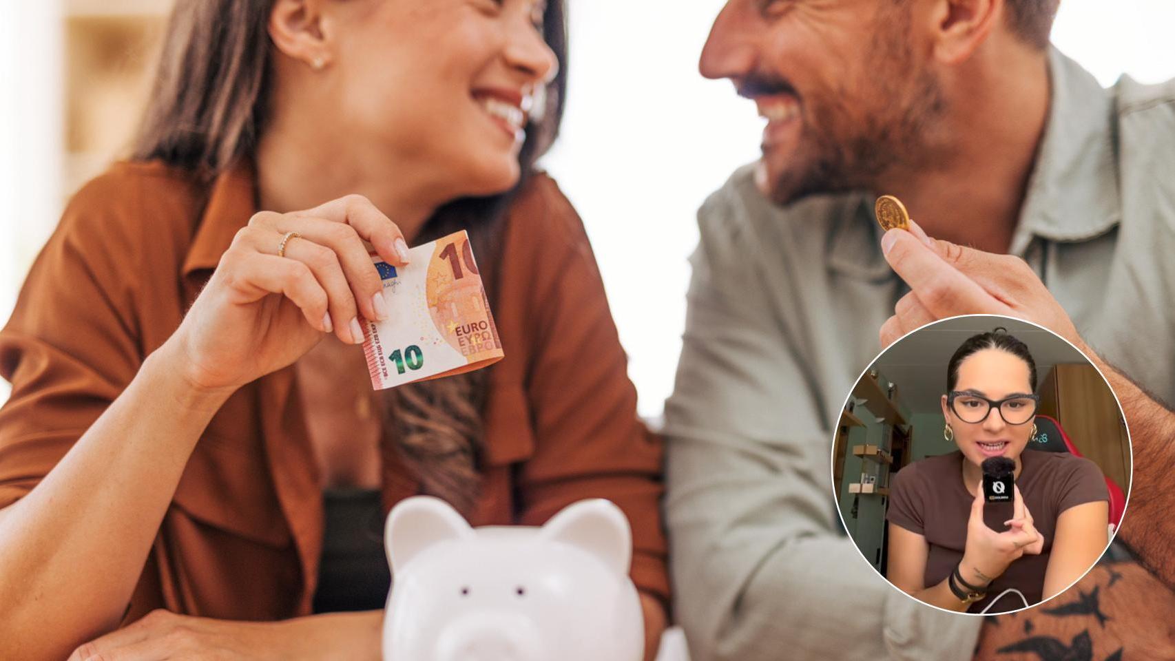 Pareja joven ahorrando dinero y la creadora de contenido @minervacherto.