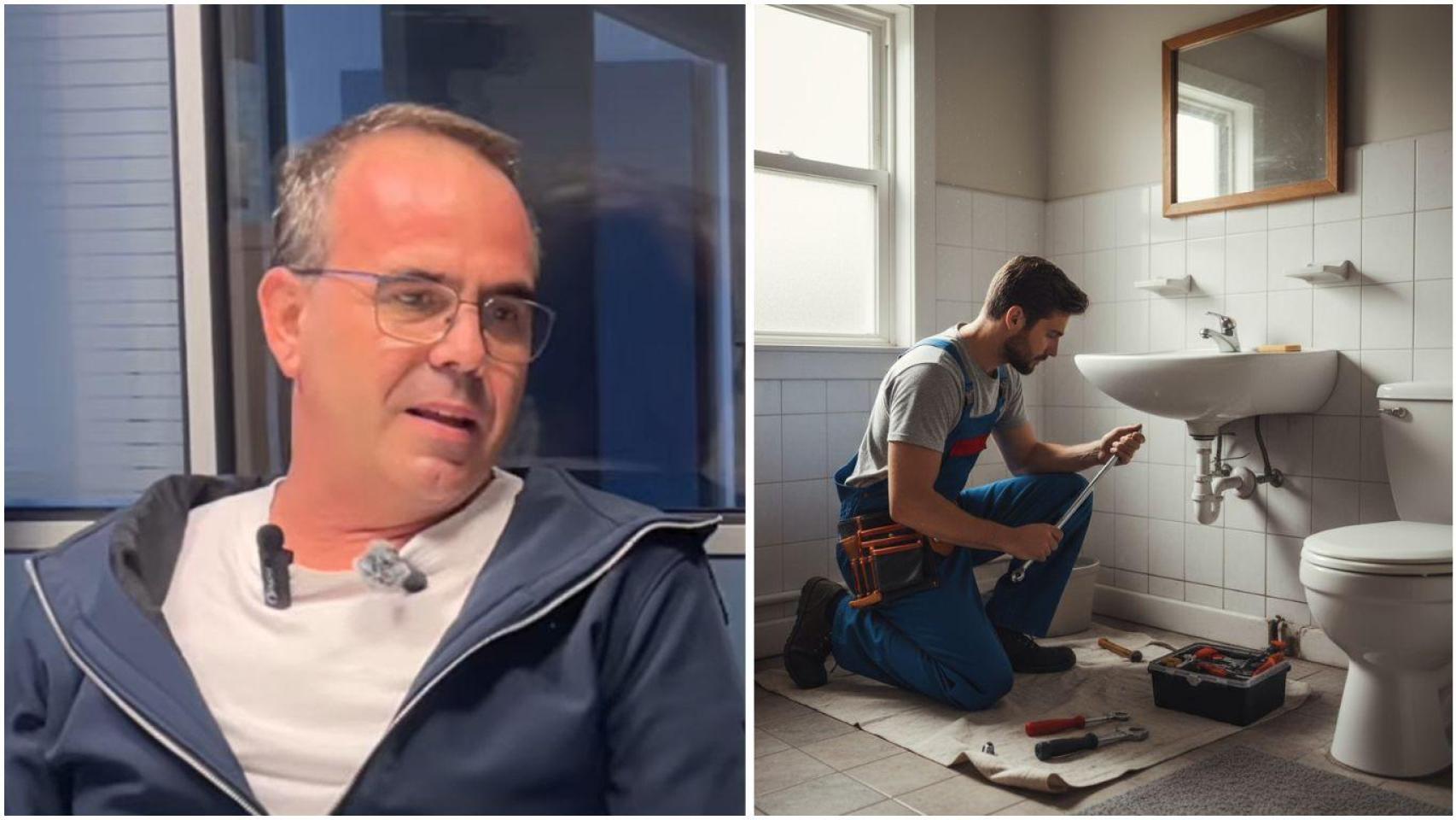 Fotomontaje de Abel y una imagen de un fontanero trabajando en un baño.