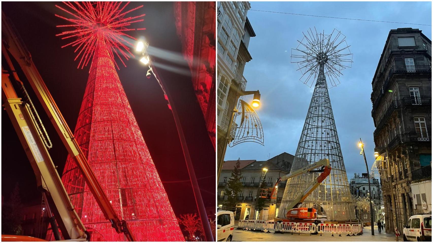 El árbol de Porta do Sol, encendido en la noche del 29 de octubre de 2025.