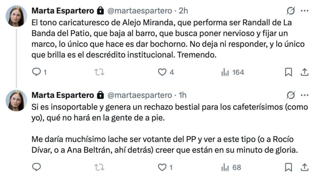 Tweets by Marta Espartero about the interrogation of Pedro Sánchez in the Senate.