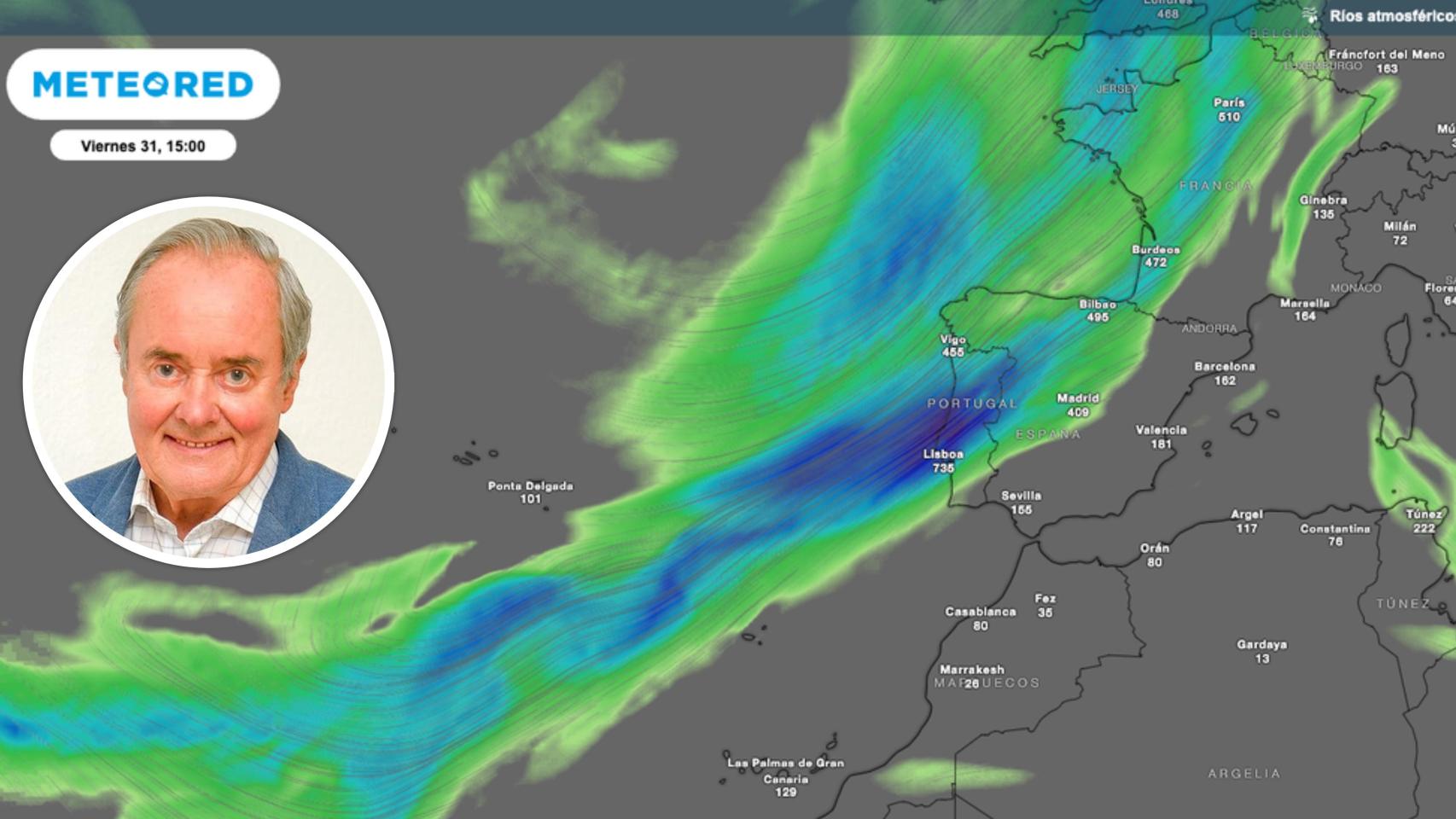 Imagen del río atmosférico que afectará a Castilla y León a partir de este viernes y, en el círculo, el meteorólogo José Antonio Maldonado