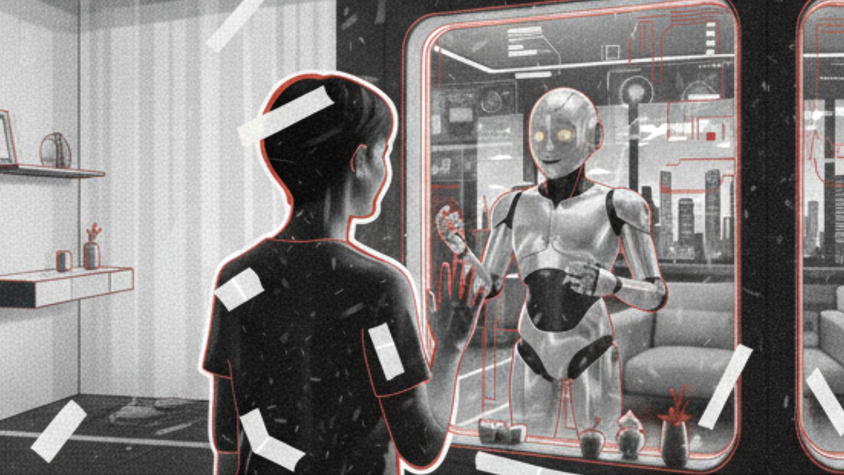 Ilustración de persona hablando con un robot.