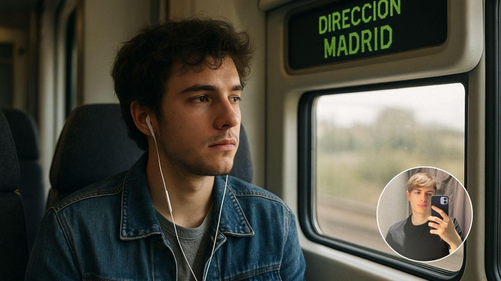 Imagen generada por IA de un joven viajando a Madrid y una imagen de Juca.