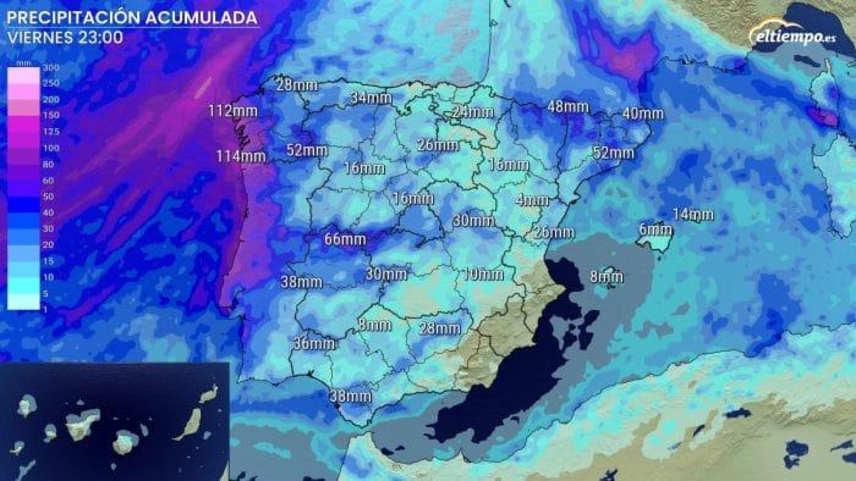 Acumulados previstos de lluvia hasta el viernes