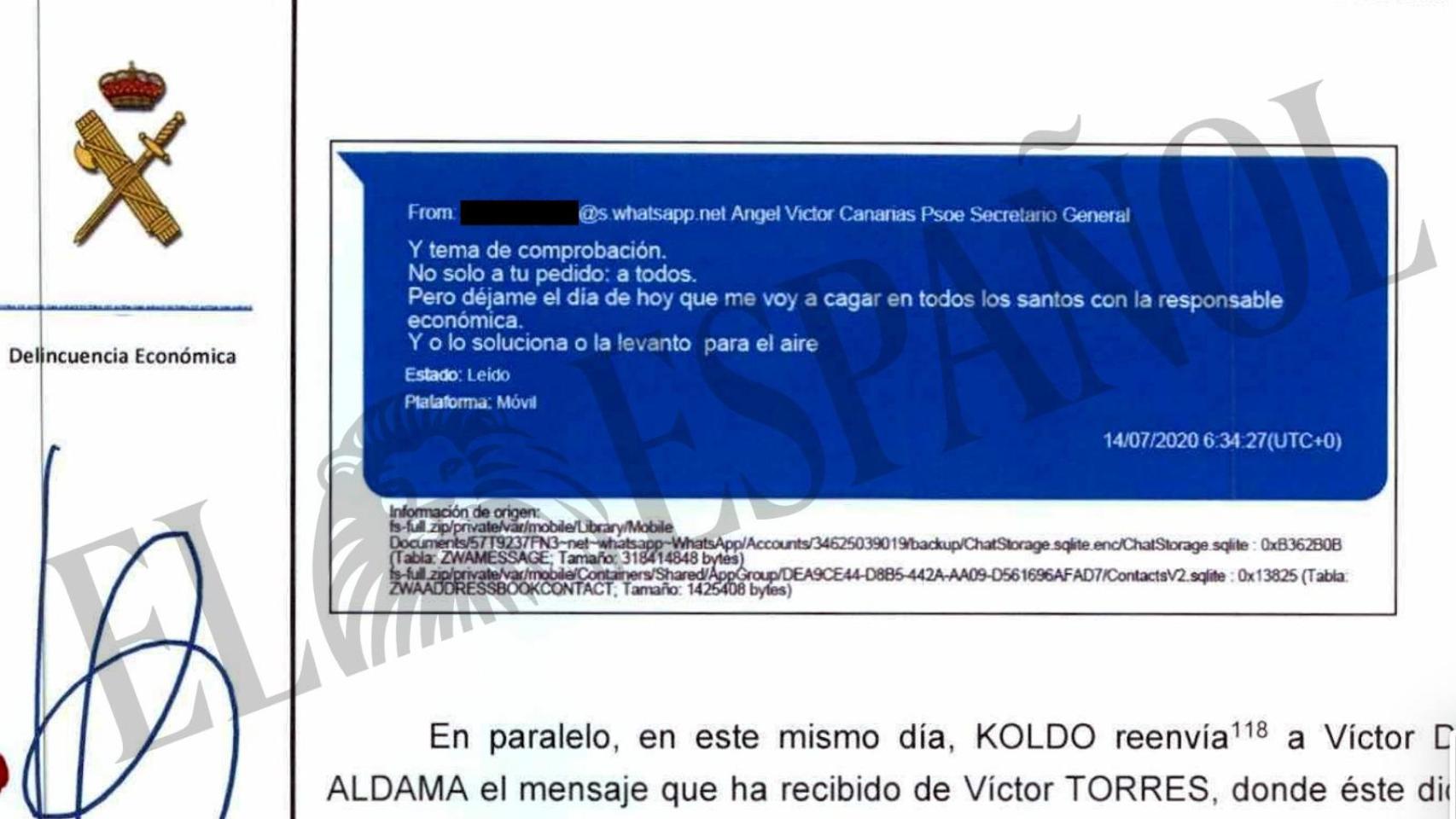 Mensaje de Ángel Víctor Torres a Koldo García recogido en el informe de la UCO.