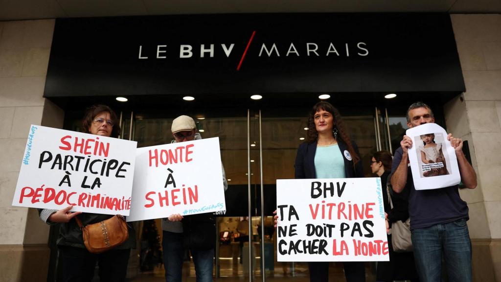 Protesters against Shein's sale of child-like sex dolls at a protest in Paris ahead of the opening of the Chinese brand's first permanent fast fashion store.