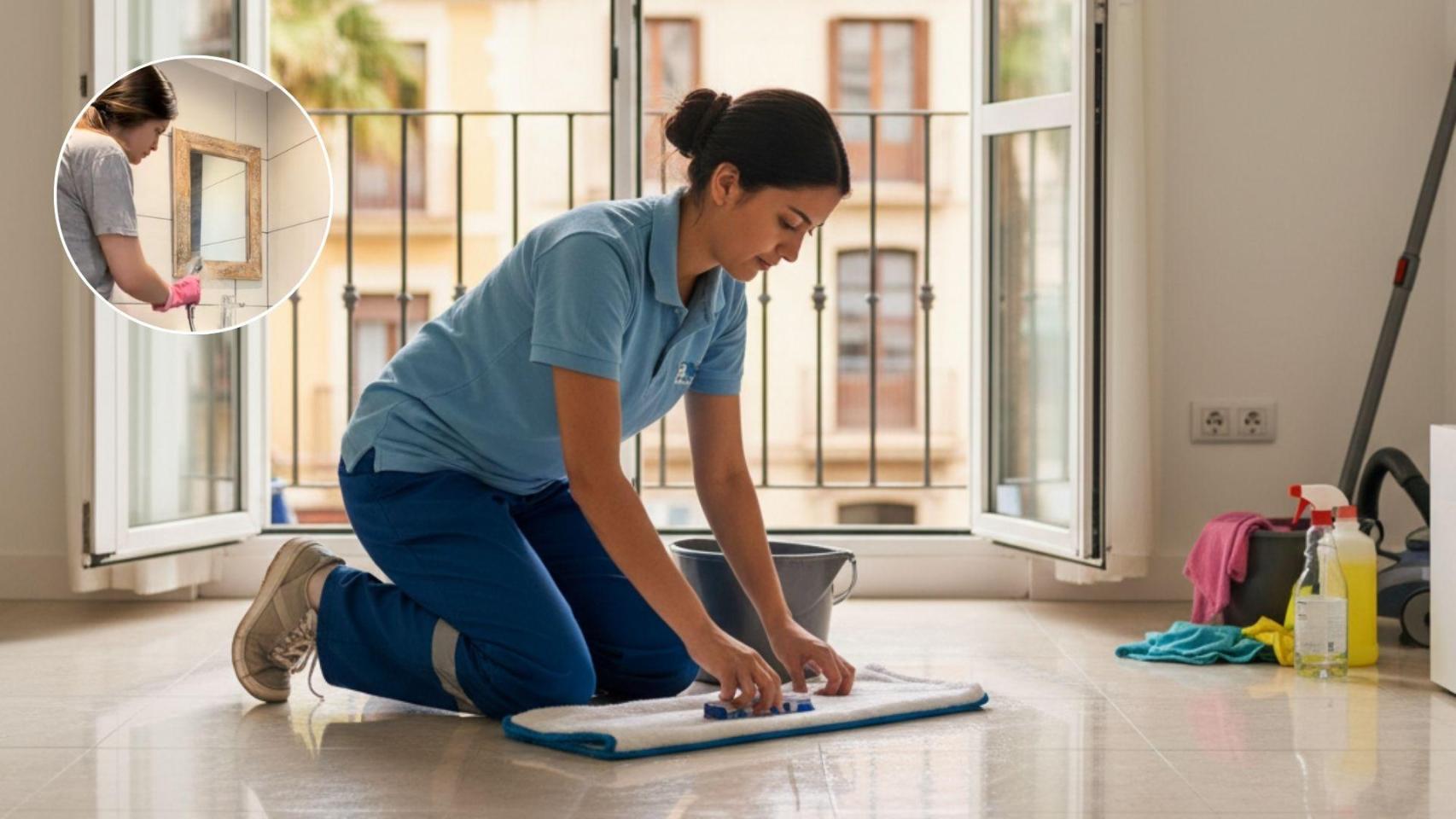 Imagen generada por IA de una trabajadora de limpieza y una imagen de Claudia.