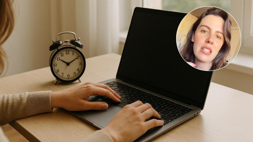 Una mujer teletrabajando con el ordenador desde casa y Alis Escobar.