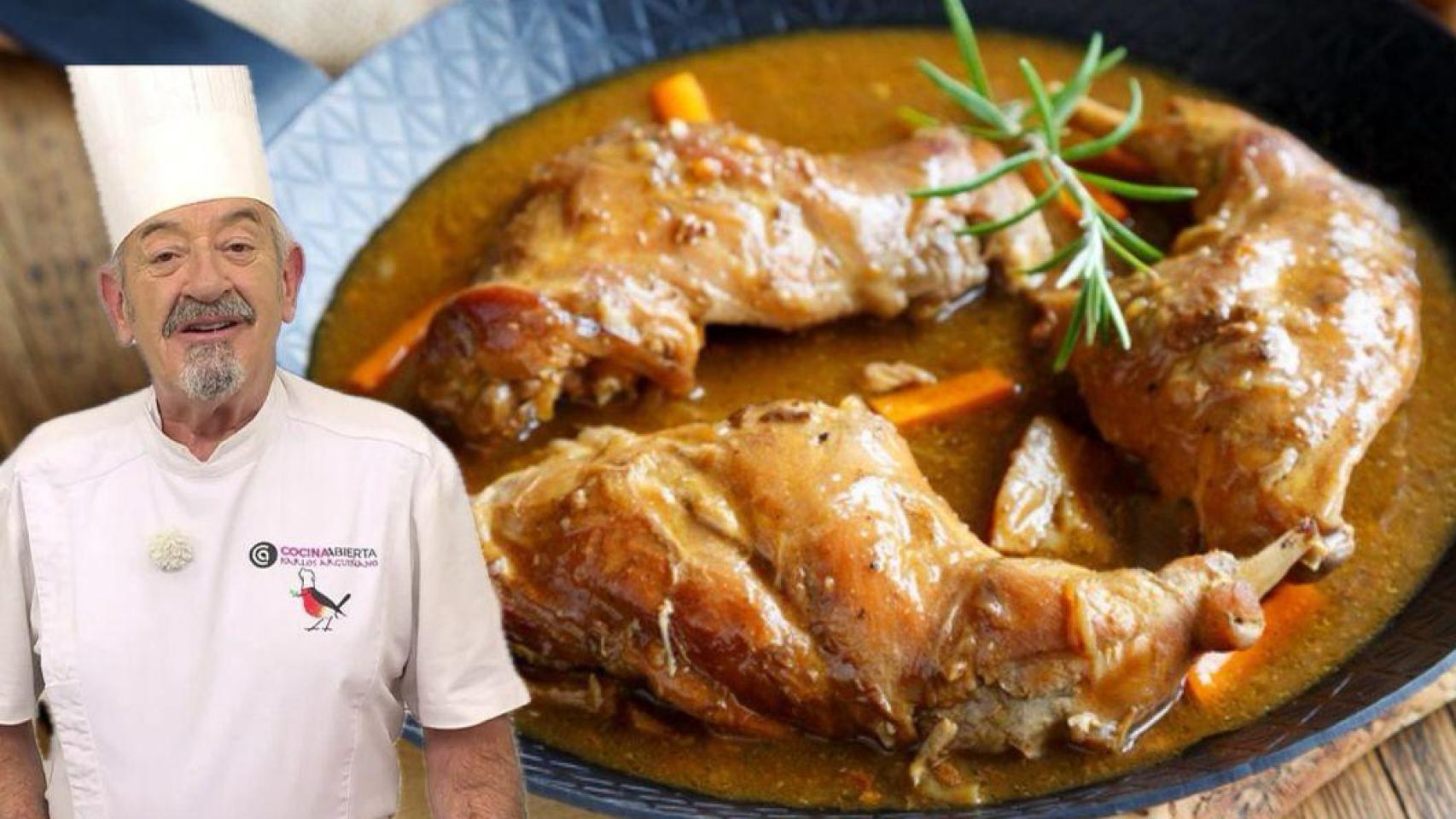 El chef Karlos Arguiñano junto a un plato de conejo.
