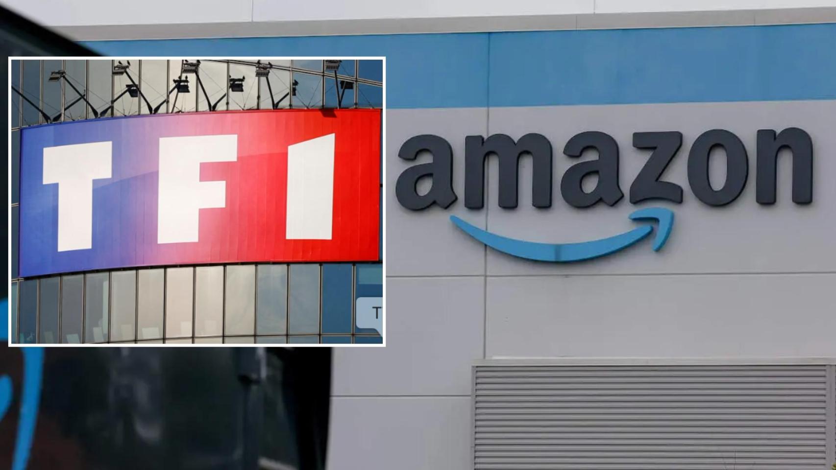 Logo de TF1 en su sede en Boulogne-Billancourt y un centro de reparto de Amazon.