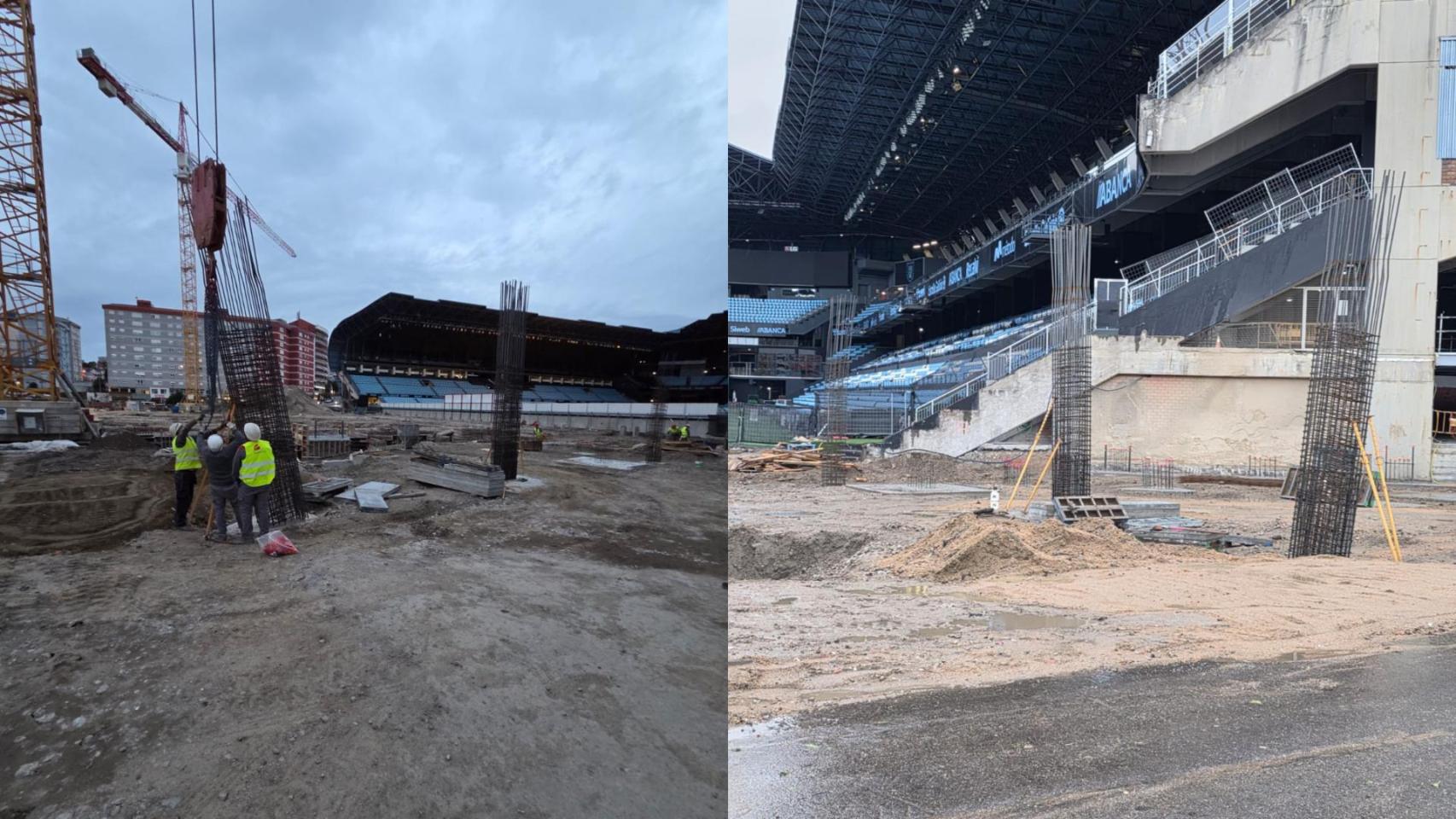 Instalación de los primeros pilares de la grada de Gol.