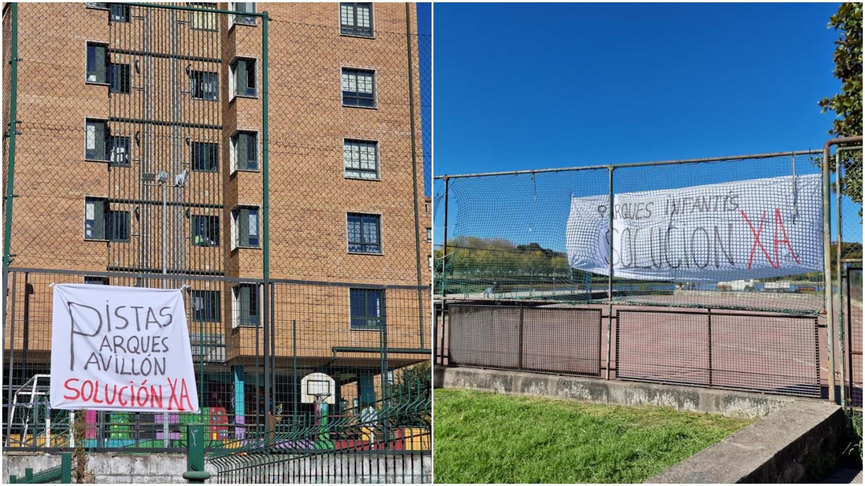 Pancartas en protesta de las instalaciones deportivas de un colegio