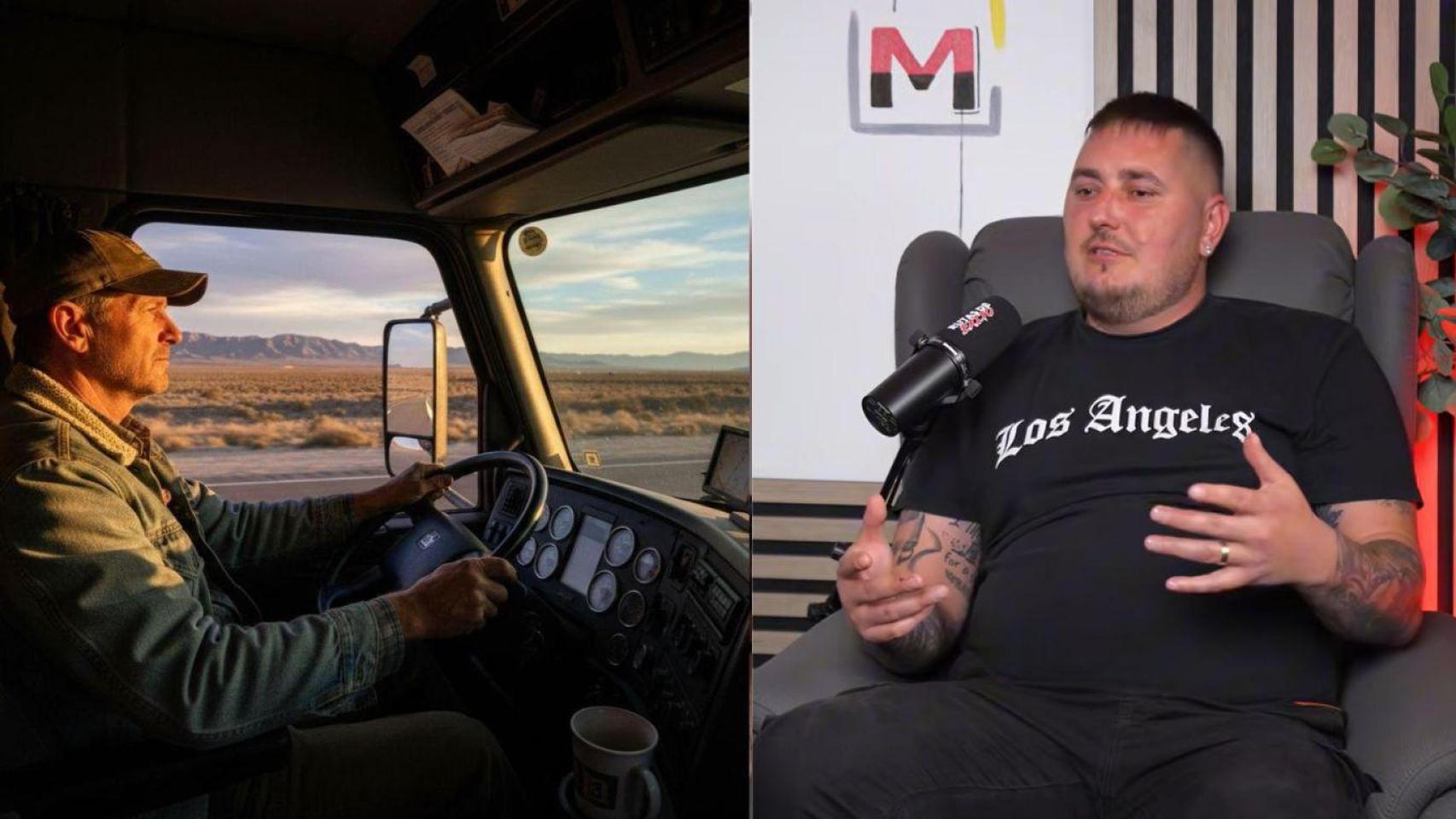 Montaje de Manu Trucks (derecha) y un camionero generado por IA.