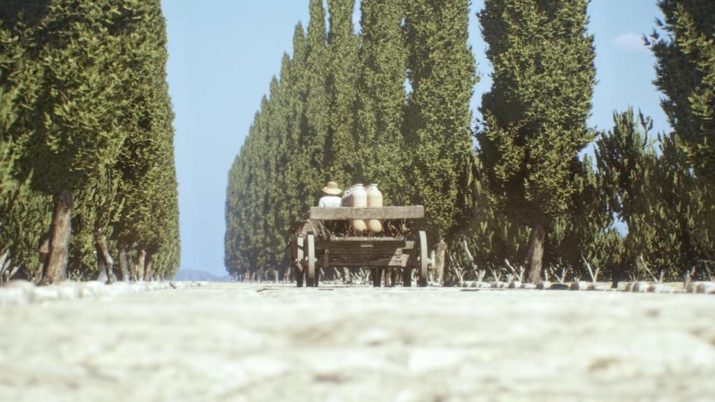 Recreación de un carro con ánforas transitando por una calzada romana.