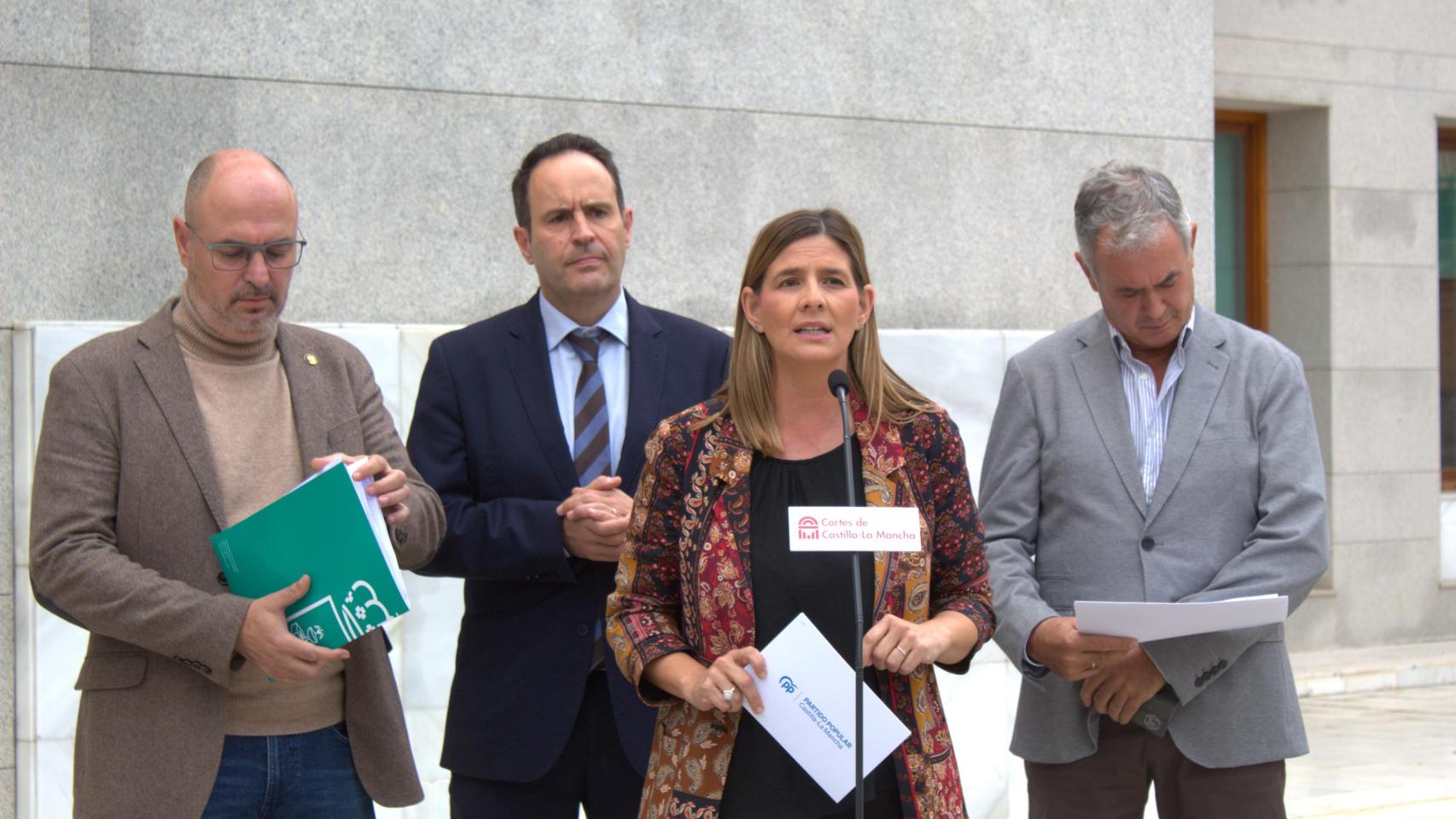 Carolina Agudo este jueves ante los medios de comunicación en las puertas de las Cortes regionales.